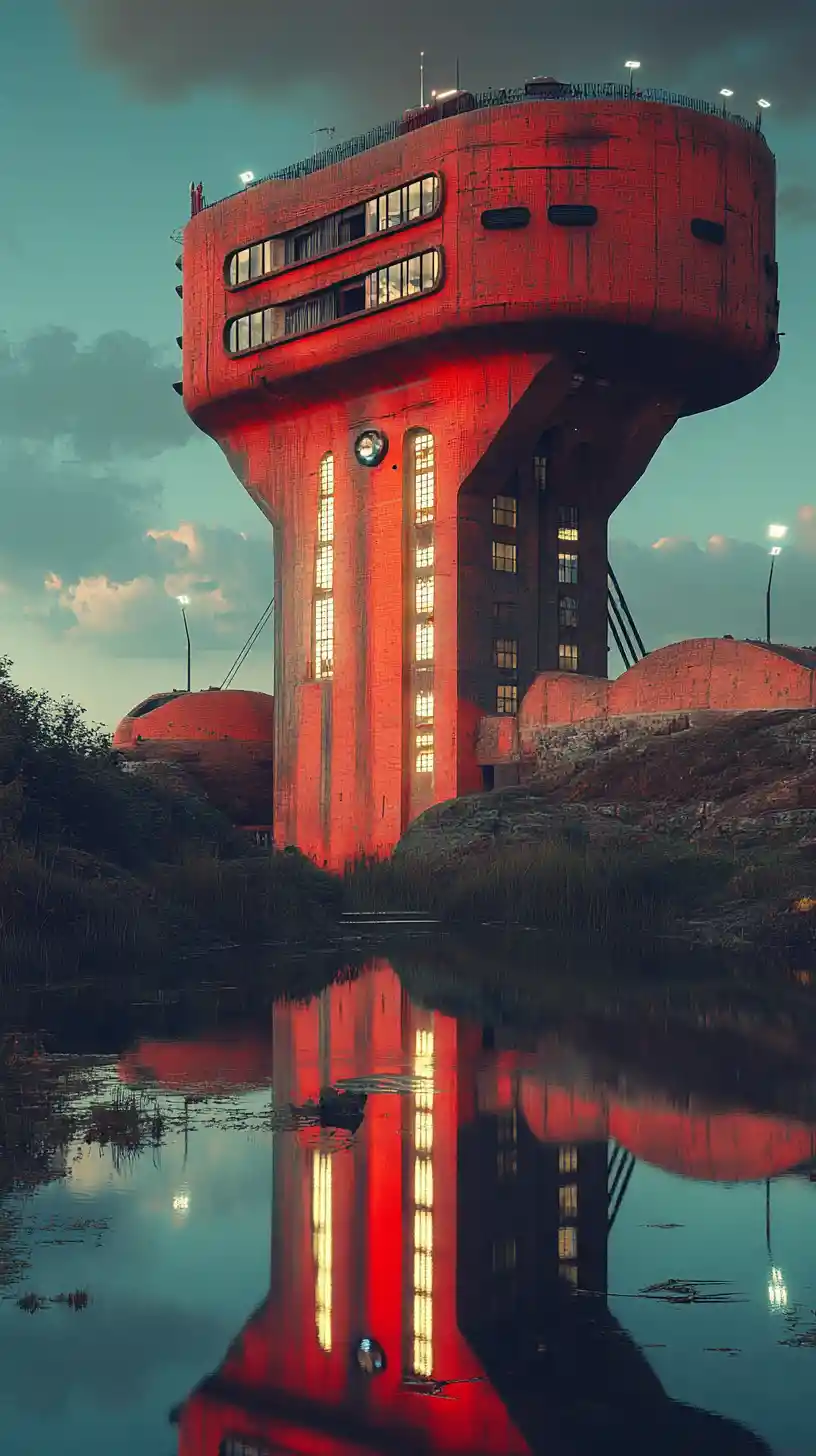 Sci-Fi Wallpaper Crimson Monolith: Futuristic Coastal Sanctuary Wallpaper for Mobile & PC