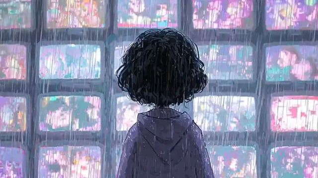 retro futuristic wallpaper lo-fi anime aesthetic a young character standing in the rain For Mobile & Pc