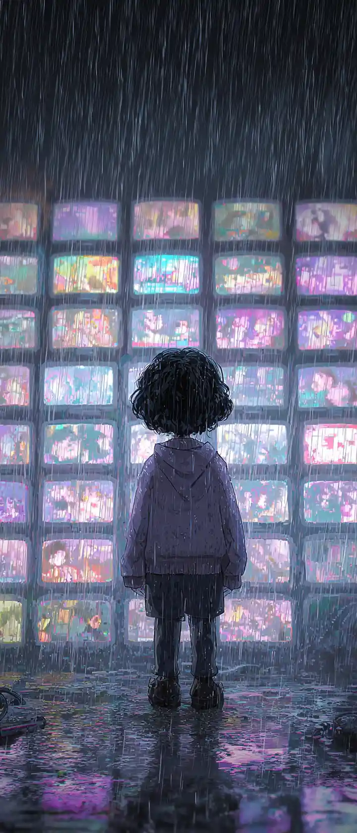 retro futuristic wallpaper lo-fi anime aesthetic a young character standing in the rain For Mobile & Pc