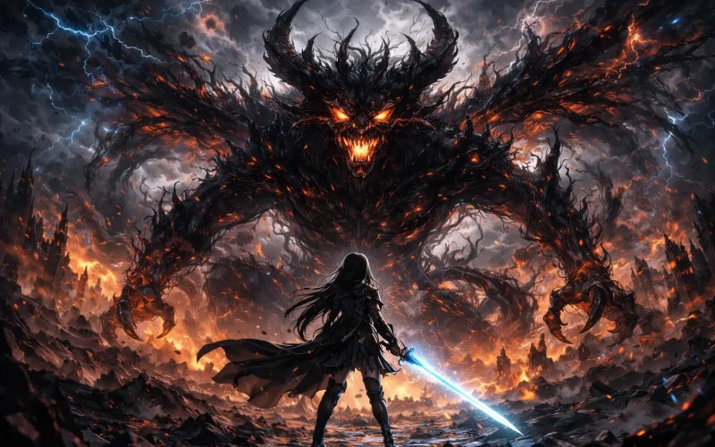 Warrior against the fiery demon Wallpaper Anime